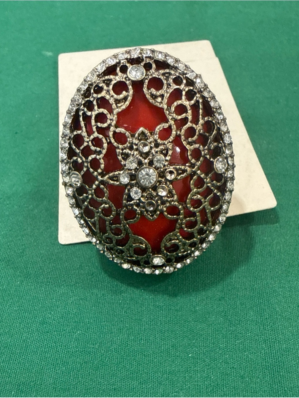 Forever 21 Red and Silver Filigree Ring with Crystal Accents. 128B